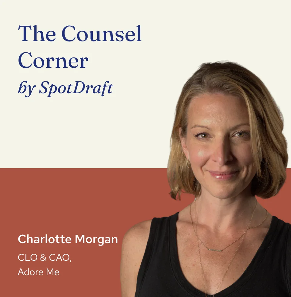 Portrait of Charlotte Morgan, CLO and CAO of Adore Me, smiling with a beige and rust-colored split background and text saying 'The Counsel Corner by SpotDraft'.